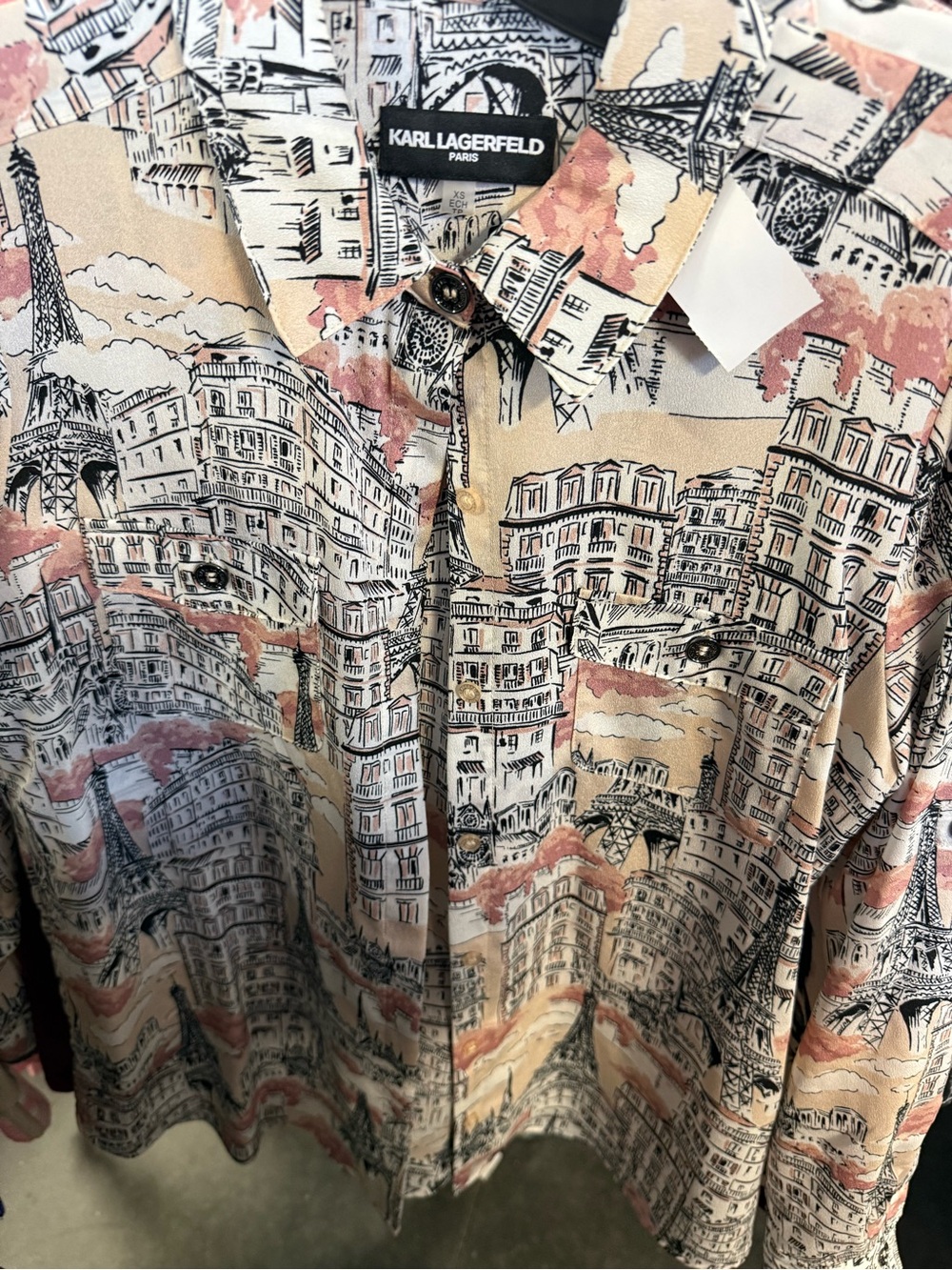 Karl Lagerfeld Beige and Pink Cityscape Print Button-Up Blouse